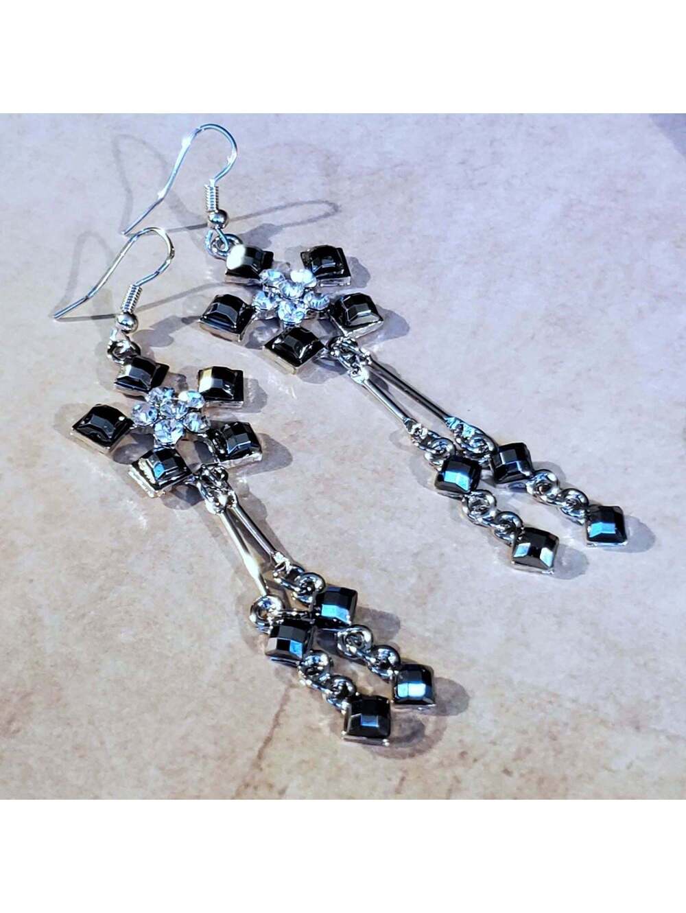 Edge New Vintage Black Silver Clear CZ Crystal Geometric Long Dangle Earrings